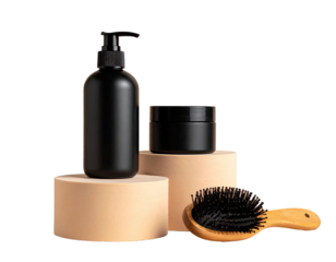 Matte black cosmetic bottles and a wooden hairbrush sit on beige risers against a black background.  A pump bottle, a jar, and a round brush are displayed