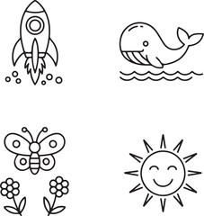 Minimalist Nature and Space Icon Set  Black and White Line Art Illustration