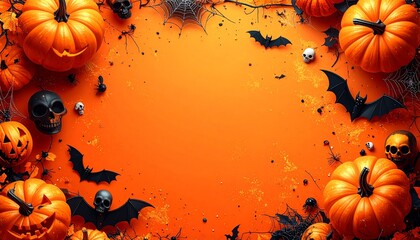 Marco fotográfico con fondo naranja vibrante, decorado con motivos de Halloween: calabazas talladas, murciélagos en silueta negra, telarañas delicadas en las esquinas y pequeñas calaveras estilizadas.