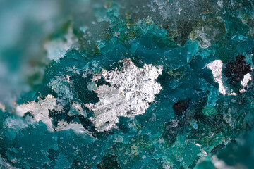 Native Silver on Chrysocolla. Specimen from Clara Mine, Oberwolfach, Germany. Micro photography extreme close-up. microscope mineral crystal photography for Scientific use.
