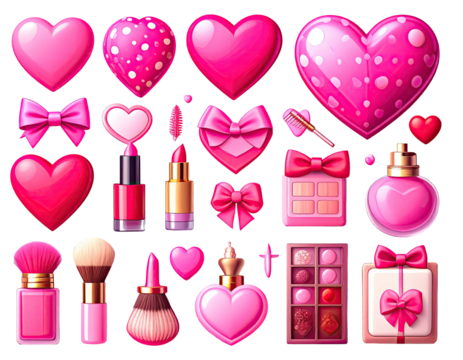 A collection of glossy, pink heart-shaped cosmetic items.  