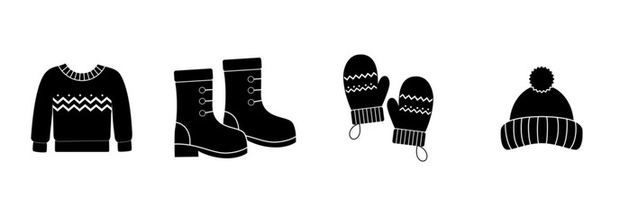 Winter clothing collection isolated on white background featuring sweater, boots, mittens, and hat
