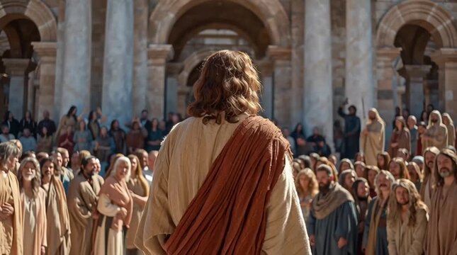 Back view of Jesus Christ in long robe, entering temple doorway, ancient Near East, quiet holiness in motion.