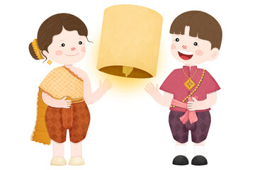 illustration of children with sky lantern for Yi Peng