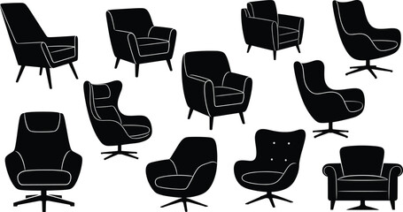Armchair silhouettes, lounge chairs, black design, modern seating, ergonomic furniture, tufted styles, swivel base, interior decor, minimalist, catalog layout, comparison, high back, armre