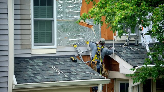 A worker installs panels siding on the outside walls of the house