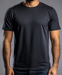 Stylish dark heather t-shirt mockup on muscular man, showcasing apparel designs for online stores and fashion brands, perfect for marketing campaigns