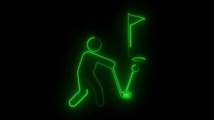 Neon glowing golfer training with club and ball, abstract sports coaching and assistant symbol on a dark background.