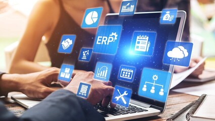 ERP icons show management, integration, and business process. ERP supports data management, ERP efficiency, and ERP organizational solutions. Gist