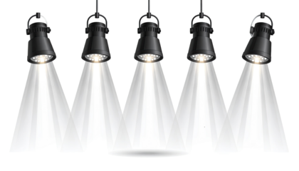 Five spotlights illuminating a stage or performance area