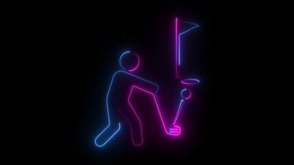 Neon glowing golfer training with club and ball, abstract sports coaching and assistant symbol on a dark background.