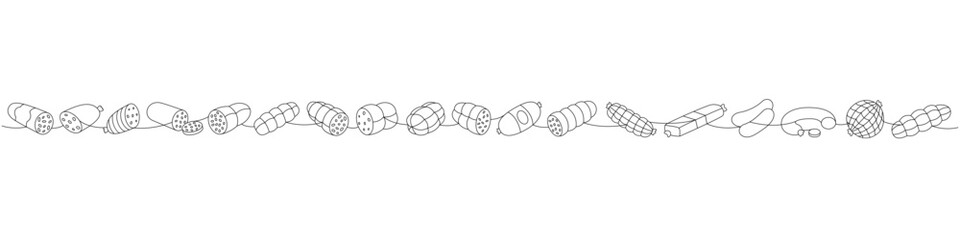 Fresh raw sausages set. Butcher shop meat one line continuous drawing. Vector illustration.