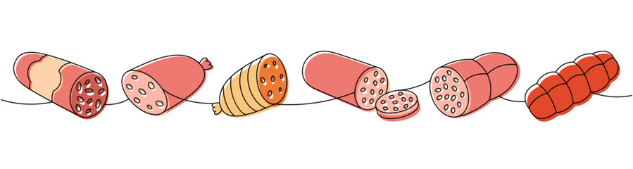 Sausage set. Butcher shop products one line colored continuous drawing. Vector illustration