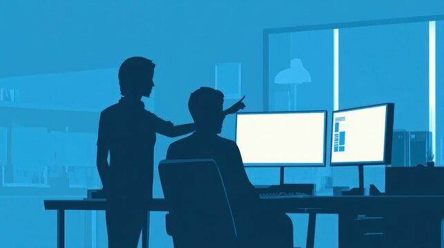 Colleagues collaborate on project, office, night, screens