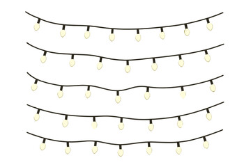 Christmas lights garland set on transparent background. Glowing festive decoration for holiday and party. Vector illustration of hanging string lights for winter events.