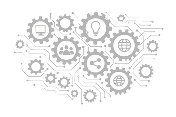 Technology mechanism concept with integrated gears and icons. Abstract vector for digital, strategy, internet, network, connect, communicate, social media, innovation, teamwork.