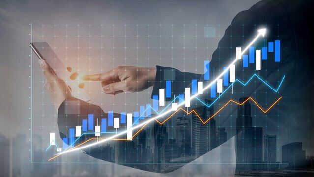 A businessman analyzes financial data using a smartphone. The image features stock market graphs and a city skyline, emphasizing modern business and technology trends. Copula