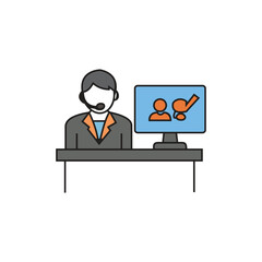 Customer service representative with headset at desk with computer displaying user icons and checkmark