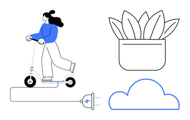Woman riding an electric scooter, plug representing clean energy, potted plant, and cloud outline. Ideal for sustainability, eco-lifestyle, innovation, transportation, renewable energy technology