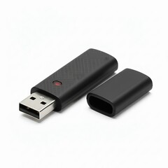 Black USB Flash Drive with Cap Off and Red Indicator Light