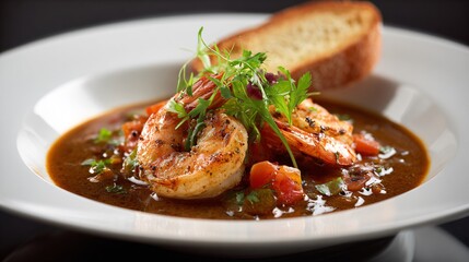 Gumbo plated on glossy white dish, modern fine dining setup
