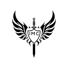Winged Sword and Shield Logo with IME Letters, IME Later Logo, Heraldic Emblem, Black and White Vector Design
