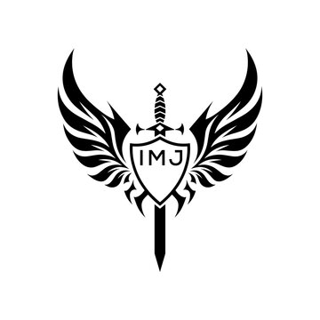 Winged Sword and Shield Logo with IMJ Letters, IMJ Later Logo, Heraldic Emblem, Black and White Vector Design
