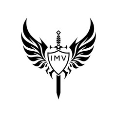 Winged Sword and Shield Logo with IMV Letters, IMV Later Logo, Heraldic Emblem, Black and White Vector Design

