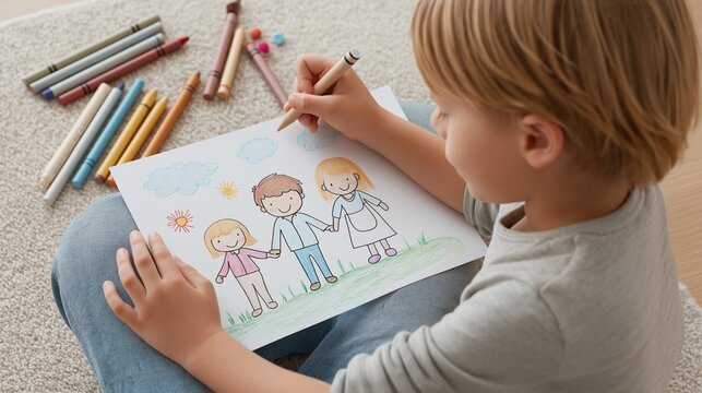 Childhood joy radiates from this heartwarming scene, a young artist meticulously crafting a family portrait with colorful crayons, perfect for illustrating themes of love, creativity, and domestic bli