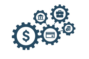 Banking mechanism concept. Finance system with connected gears and flat icons. Symbols for money, investment, business, payment and economy. Vector illustration infographic.