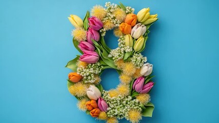 A creative flower arrangement forming the shape of the number 8 on a blue background, perfect for use in educational or inspirational content