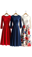 Three women's midi dresses on hangers.  A red, navy blue, and floral-printed white dress.  All feature 3/4 length sleeves and a fitted bodice with a gathered skirt