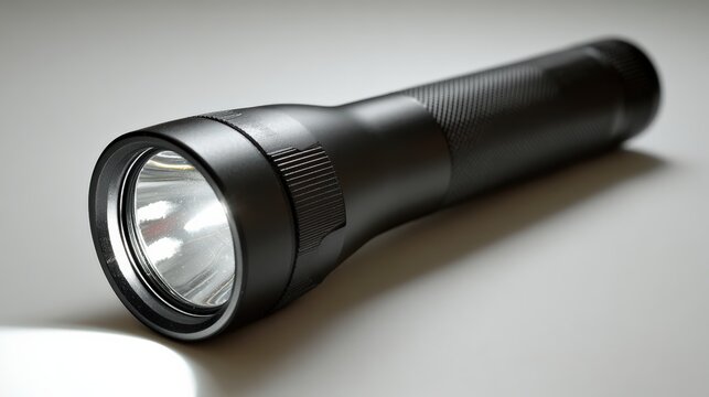 Close up of a black handheld flashlight with shiny reflector and textured grip