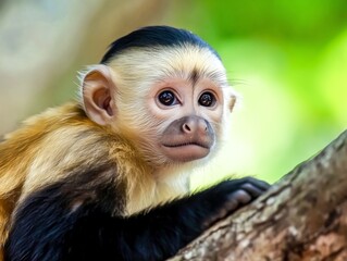 Fototapeta premium Captivating Close-Up of a Curious Baby Monkey Resting on a Tree Branch in Nature