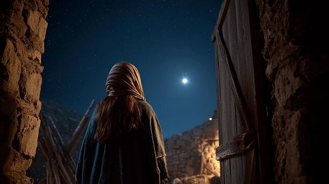 View from behind Mary as she gazes from the stable door at the brilliant Star of Bethlehem shining in the night sky, cinematic, peaceful, and sacred nativity moment.