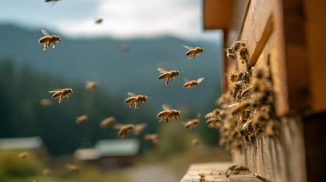 Active bees leaving hive in natural setting amidst greenery and mountains