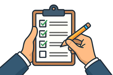 Businessman hands holding clipboard with pencil, marking checklist. Concept of task management, to-do list, survey, exam, done. Goal achievement, planning, success vector.