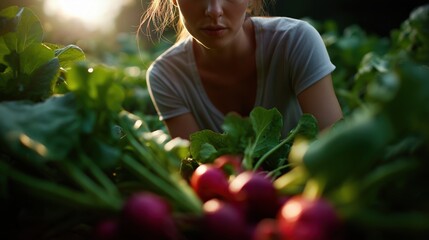Fototapeta premium Young woman in a field of green plants. she is wearing a white t-shirt and is looking down at a bunch of radishes in front of her. the radishes are bright red and appear to be freshly picked.