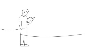 Standing man reading book. Minimalist continuous line art with educational concept