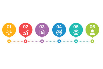 Infographic timeline template with 6 steps. Modern business diagram for presentation. Workflow layout with colorful circle pointers and icons for data visualization, strategy.
