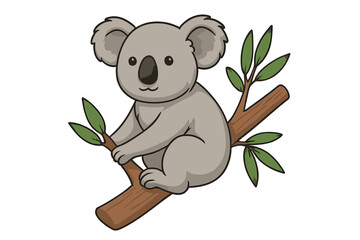 Cute koala on eucalyptus branch vector illustration. Cartoon marsupial bear character icon. Australian wildlife animal symbol for kids, zoo design. Wild mammal on a tree.
