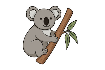 Cute koala bear on a eucalyptus tree branch. Happy Australian marsupial mammal. Wild animal character cartoon vector illustration icon for kids. Isolated stock graphic design.