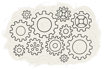Mechanism of thinking process. Gears and cogs teamwork concept. Brainstorming, innovation and solution. Connection and engineering technology. Abstract vector background.