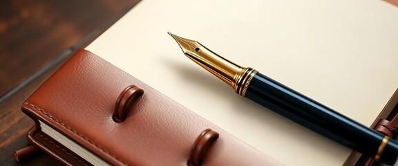 Elegant fountain pen rests atop leather-bound journal, blank pages,  top view,  ink