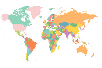 Colorful political world map with all countries. Vector illustration of Earth's continents for global business, travel, and geography education. Flat design infographic element.