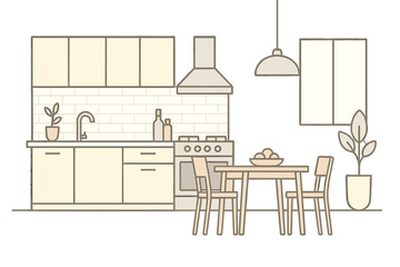 Modern kitchen and dining room interior. Vector line art illustration. Home decor concept with furniture, stove, and table. Cozy apartment cooking and dining area background.