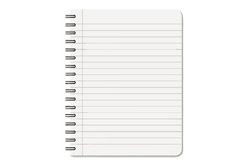 Realistic notebook template vector. Spiral notepad mockup with shadow. Blank lined paper page for school, education, office stationery. Journal, diary, planner, organizer.