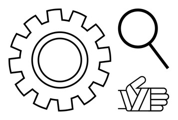 Large gear, magnifying glass, and hand with a bandage outlining themes of productivity, problem-solving, and healing. Ideal for innovation, research, recovery, mechanics teamwork healthcare simple