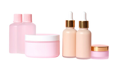 Group of pink and beige cosmetic containers.  Four small bottles, two with droppers, and one jar, all in pastel shades
