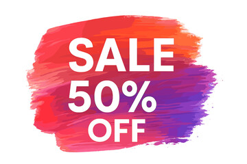 Sale 50% off sign over an art brush acrylic stroke. Abstract paint texture background. Watercolor design for a shop and sale banners. Special offer, discount promotion concept.